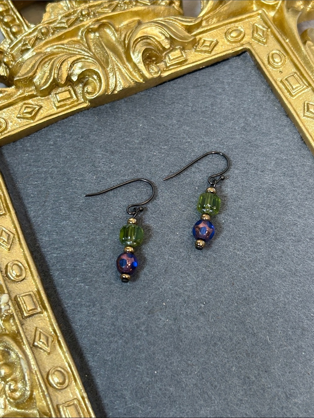 Green and Blue glass Beaded Drop Earrings - Unbranded